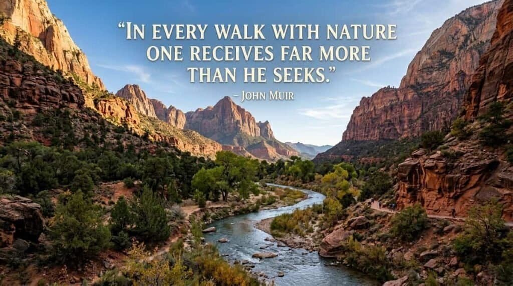 A picturesque landscape featuring a winding river surrounded by green trees and towering red rock formations, with a quote by John Muir overlaying the image.