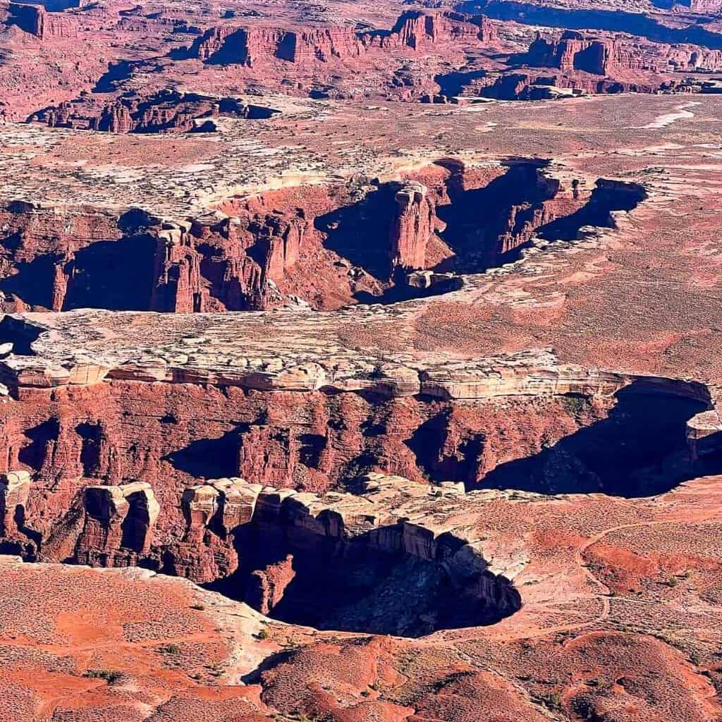 Aerial view of canyons and rock formations in Canyonlands National Park.
