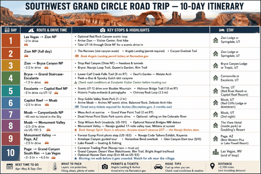 SOUTHWEST GRAND CIRCLE ROAD TRIP — 10-DAY ITINERARY

DAY | ROUTE & DRIVE TIME | KEY STOPS & HIGHLIGHTS | STAY

1 | Las Vegas → Zion NP ~3 hr drive | • Optional Red Rock Canyon scenic loop • Arrive Zion — Visitor Center, first hike • Take UT-14 through Dixie NF for a scenic drive in | Zion Lodge or Springdale, UT

2 | Zion NP (full day) | • The Narrows (slot canyon wade) • Angels Landing (permit required) • Canyon Overlook Trail | Zion Lodge or Springdale, UT

3 | Zion → Bryce Canyon NP ~2.5 hr drive | • Stop Red Canyon (Dixie NF) — hoodoos & tunnels • Bryce: Navajo Loop Trail, Queen’s Garden, Rim Trail | Bryce Canyon Lodge or Tropic, UT

4 | Bryce → Grand Staircase-Escalante ~1.5 hr drive | • Lower Calf Creek Falls Trail (6 mi RT) • Devil’s Garden — Metate Arch • Peek-a-Boo & Spooky Gulch slot canyons | Check road conditions at Escalante Visitor Center before heading out | Cannonville or Escalante, UT

5 | Escalante → Capitol Reef NP ~2 hr drive via UT-12 | • Scenic UT-12 drive over Boulder Mountain • Hickman Bridge Trail (1.8 mi RT) • Historic Fruita orchards & petroglyphs • Chimney Rock Loop (3.3 mi) | Torrey, UT (Red River Ranch or Capitol Reef Resort)

6 | Capitol Reef → Moab ~2.5 hr drive | • Stop Goblin Valley State Park (1–2 hr) • Arrive Moab — Arches NP scenic drive, Balanced Rock, Delicate Arch hike | Timed entry tickets required for Arches (Recreation.gov, 3 months out) | Moab, UT (Red Cliffs Lodge or downtown)

7 | Moab → Canyonlands NP ~40 min to Island in the Sky | • Mesa Arch at sunrise • Grand View Point Trail (2 mi RT) • Dead Horse Point State Park scenic drive • Optional: rafting on the Colorado River | Moab, UT (2nd night)

8 | Moab → Monument Valley ~2.5–3 hr drive via US 191 S | • Stop Wilson Arch • Optional: Natural Bridges NM detour • Monument Valley — Navajo-guided 17-mile valley tour, Mittens at sunset | Book Navajo Spirit Tours in advance. Arizona doesn’t observe DST — the Navajo Nation does. | The View Hotel (inside park) or Goulding’s Resort

9 | Monument Valley → Page, AZ ~2.5 hr drive | • Forrest Gump Point (between MM 13–16) • Navajo Code Talkers Exhibit, Kayenta • Antelope Canyon & guided tour • Horseshoe Bend overlook • Glen Canyon Dam tour ($10) | Page, AZ (Best Western Plus or Lake Powell Resort)

10 | Page → Grand Canyon South Rim → Las Vegas ~2–3 hr + 4.5 hr drive | • Cameron Trading Post (Navajo tacos — trust us) • Grand Canyon NP sunset at Desert View Watchtower, Bright Angel trailhead • Optional Hoover Dam stop on drive to Vegas | Morning rim elk before heading back to Grand Canyon Village. | Las Vegas, NV (end of loop)