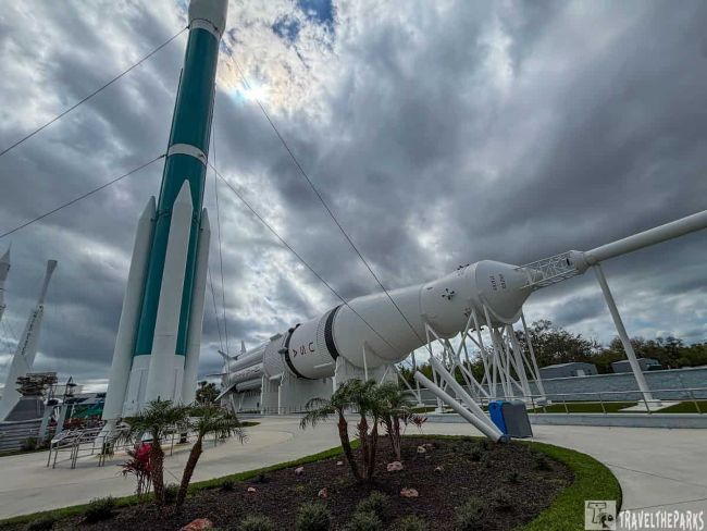 Rocket Garden at Kennedy Space Center with towering historic rockets under a blue sky—an inspiring highlight of Sunshine State Orlando Day Trips.