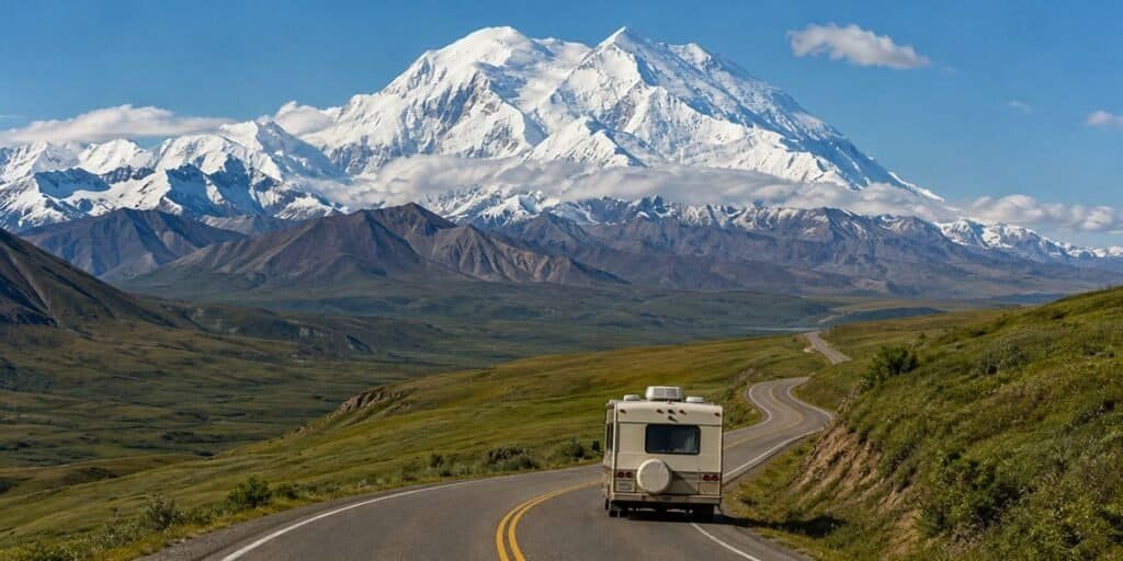 An RV drives along a winding road through green hills, with snow-capped mountains in the background under a clear blue sky.