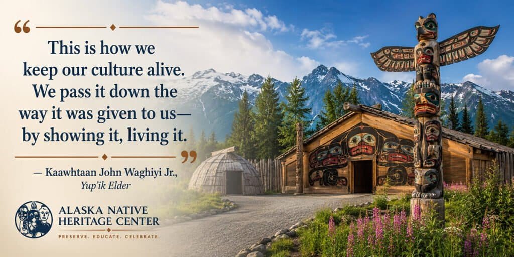 Promotional graphic featuring a quote from Yup’ik Elder Kaawhtaan John Waghiya Jr. beside a photograph of a carved totem pole, heritage buildings, evergreen trees, and snow-covered mountains.

Transcribed Text:

“This is how we keep our culture alive.
We pass it down the way it was given to us—by showing it, living it.”

— Kaawhtaan John Waghiya Jr.,
Yup’ik Elder

ALASKA NATIVE
HERITAGE CENTER

PRESERVE. EDUCATE. CELEBRATE.