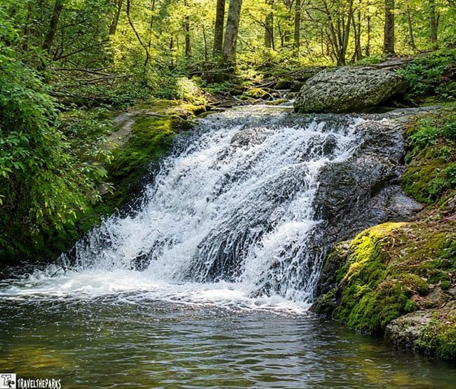 Big Rock Fallsl cascades over moss-covered rocks into a clear forest pool, surrounded by lush green trees and dappled sunlight, creating a peaceful scene.