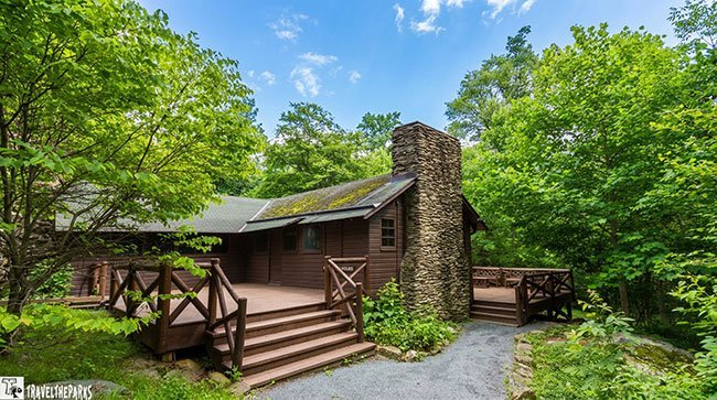 A rustic wooden cabin with a stone chimney and broad porch sits among lush green trees, evoking a peaceful, secluded woodland retreat on a sunny day.