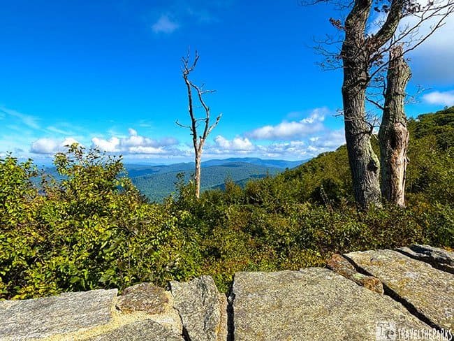 Sunlit mountain overlook with rocky foreground, dense green shrubs, bare trees, and layered blue ridges beneath a bright sky; peaceful and expansive.