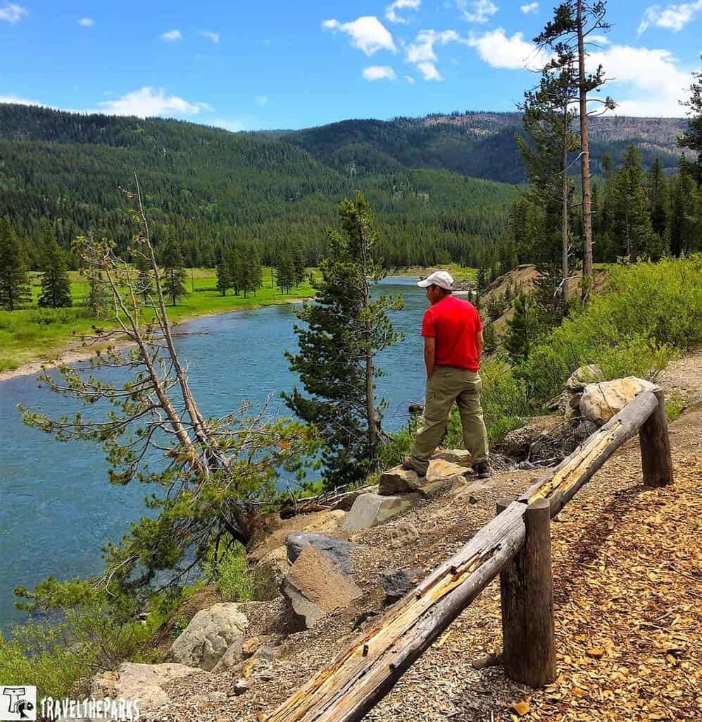 Person standing by Snake River with trees and hills in the background.