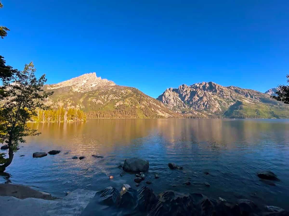View of Jenny Lake with the Grand Teton mountains in the background under a clear blue sky.