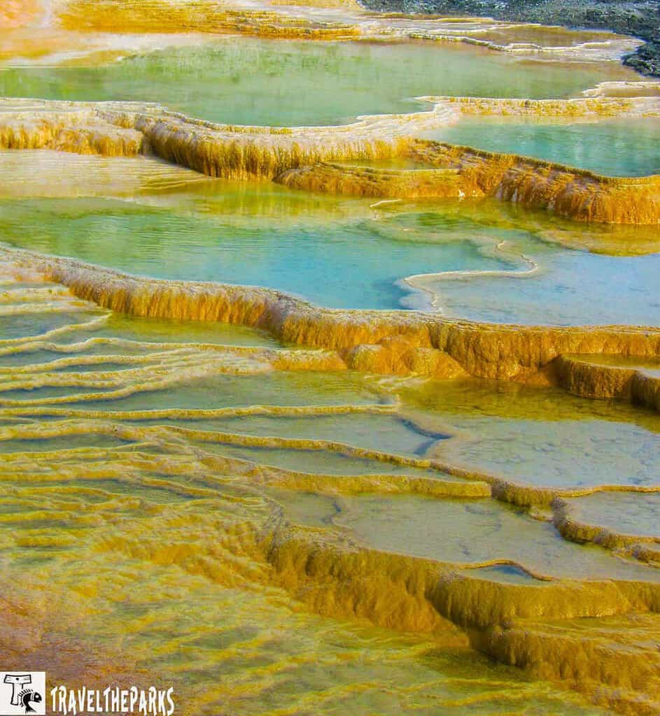 Terraced travertine formations at Mammoth Hot Springs with blue-green pools and earthy hues.

