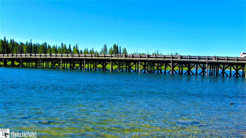 Fishing Bridge-A long wooden bridge spans a wide body of water with a forest of pine trees in the background.