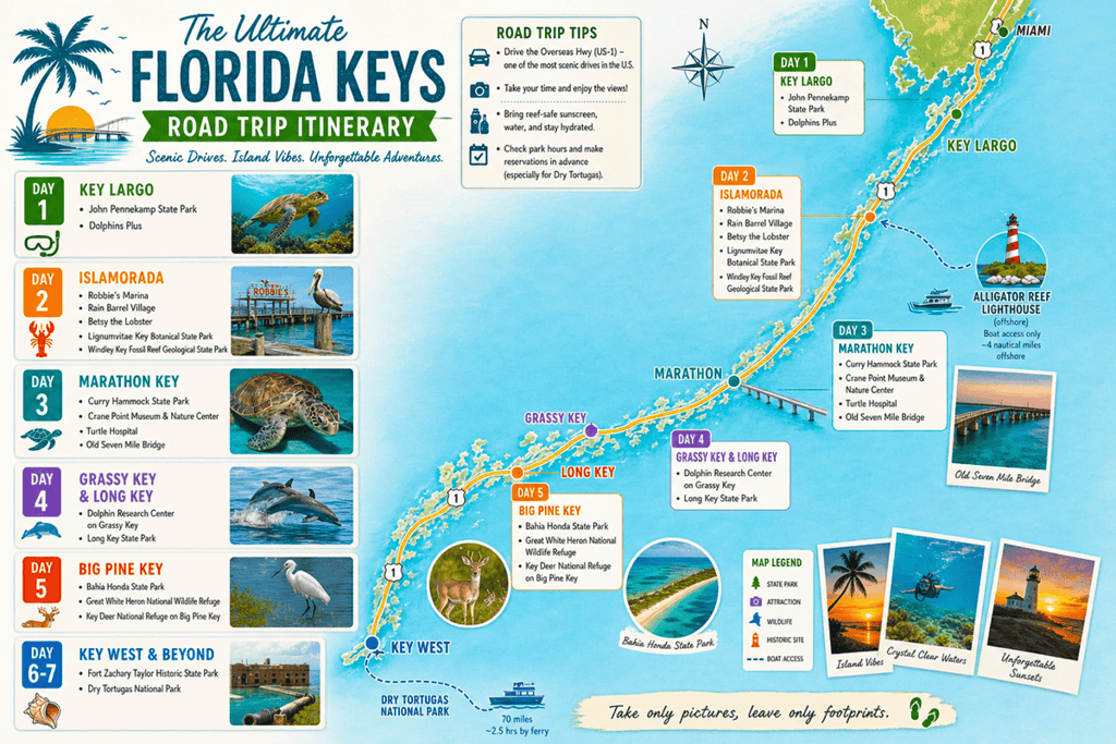 The Ultimate Florida Keys Road Trip Itinerary
Scenic Drives. Island Vibes. Unforgettable Adventures.
Road Trip Tips
Drive the Overseas Hwy (US-1) — one of the most scenic drives in the U.S.
Take your time and enjoy the views!
Bring reef-safe sunscreen, water, and stay hydrated.
Check park hours and make reservations in advance (especially for Dry Tortugas).
Day 1 - Key Largo
John Pennekamp State Park
Dolphins Plus
Day 2 - Islamorada
Robbie's Marina
Rain Barrel Village
Betsy the Lobster
Lignumvitae Key Botanical State Park
Windley Key Fossil Reef Geological State Park
Day 3 - Marathon Key
Curry Hammock State Park
Crane Point Museum & Nature Center
Turtle Hospital
Old Seven Mile Bridge
Day 4 - Grassy Key & Long Key
Dolphin Research Center on Grassy Key
Long Key State Park
Day 5 - Big Pine Key
Bahia Honda State Park
Great White Heron National Wildlife Refuge
Key Deer National Refuge on Big Pine Key
Day 6-7 - Key West & Beyond
Fort Zachary Taylor Historic State Park
Dry Tortugas National Park
Map Legend
State Park
Attraction
Wildlife
Historic Site
Boat Access
Old Seven Mile Bridge Bahia Honda State Park Dry Tortugas National Park 70 miles ~2.5 hrs by ferry Island Vibes Crystal Clear Waters Unforgettable Sunsets
Take only pictures, leave only footprints.