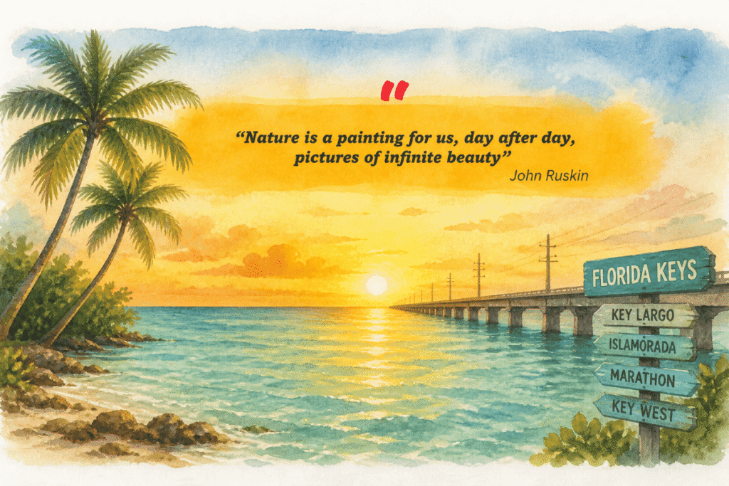 Watercolor of a tropical sunset with palm trees, ocean, a bridge, and a Florida Keys signpost.
Transcribed Text:
"Nature is a painting for us, day after day, pictures of infinite beauty"
— John Ruskin
FLORIDA KEYS
KEY LARGO
ISLAMORADA
MARATHON
KEY WEST