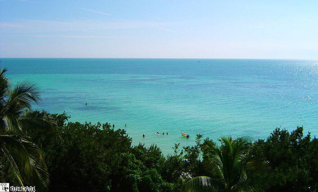 View of the ocean and sky from Bahia Honda State Park with greenery in the foreground.