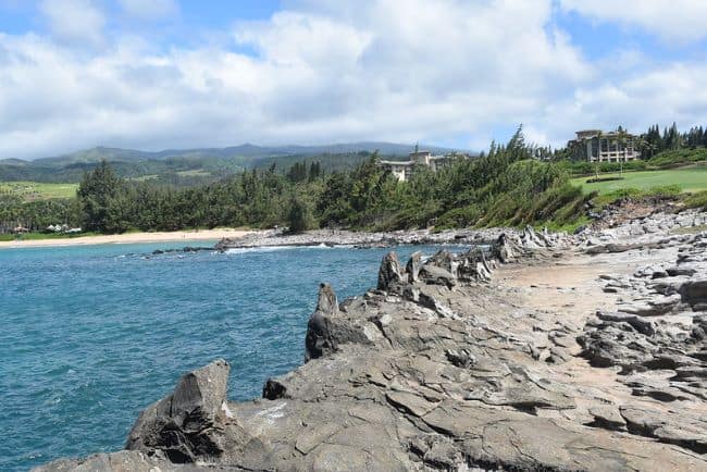 The Dragon's Teeth on Makaluapuna Point in Maui: Jagged rock formations along a shoreline with ocean, greenery, and distant mountains.