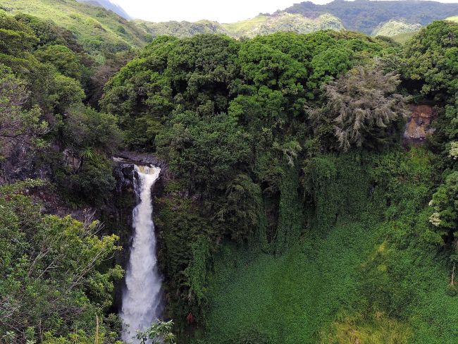 A lush waterfall cascades down a rocky cliff, surrounded by dense greenery and hills in the background.