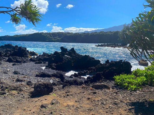 Keanine Peninsula: Coastal scene with volcanic rocks, blue ocean, and lush greenery under a bright sky.