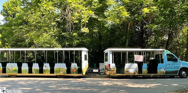 A tourist tram with open-air carriages and nature-themed artwork, parked on a road surrounded by green trees.