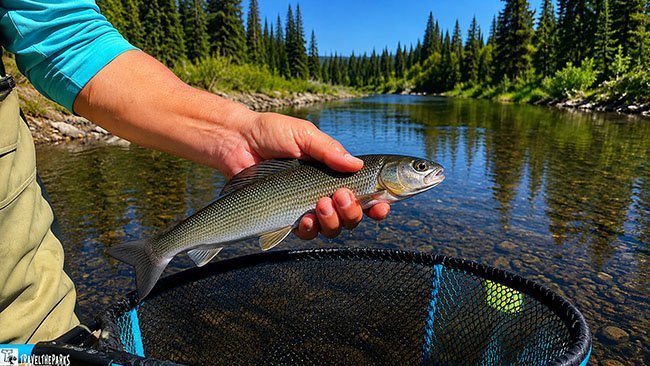 Arctic Grayling being released back to the river from the net