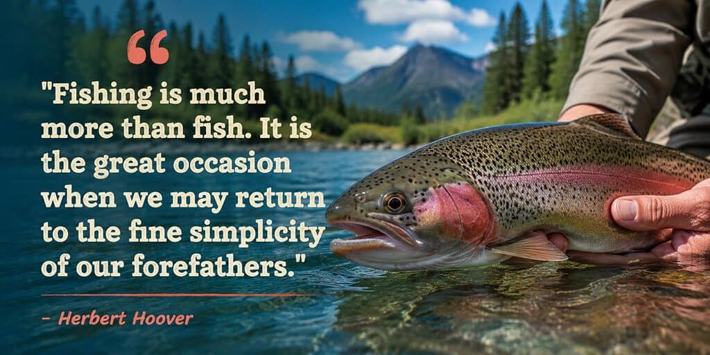 A person holds a large spotted rainbow trout above a mountain lake, alongside a quote attributed to Herbert Hoover.
Transcribed Text:
“Fishing is much
more than fish. It is
the great occasion
when we may return
to the fine simplicity
of our forefathers.”
– Herbert Hoover