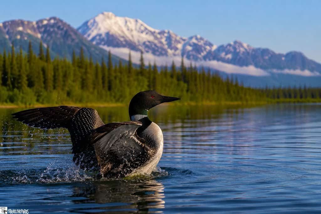A loon spreads its wings as it rises from a mountain lake, with evergreen forest and snow-covered mountains in the background.