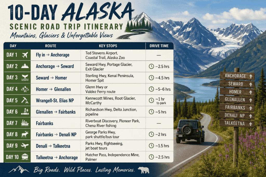 10-day Alaska scenic road trip itinerary guide with a mountain landscape background."

Transcribed Text:

10-DAY ALASKA SCENIC ROAD TRIP ITINERARY
Mountains, Glaciers & Unforgettable Views

DAY 1 | Fly in → Anchorage: Ted Stevens Airport, Coastal Trail, Alaska Zoo
DAY 2 | Anchorage → Seward: Seward Hwy, Portage Glacier, Exit Glacier (~2.5 hrs)
DAY 3 | Seward → Homer: Sterling Hwy, Kenai Peninsula, Homer Spit (~4.5 hrs)
DAY 4 | Homer → Glenallen: Glenn Hwy or Valdez Ferry route (~5-6 hrs)
DAY 5 | Wrangell-St. Elias NP: Kennecott Mines, Root Glacier, McCarthy (~1 hr to park)
DAY 6 | Glenallen → Fairbanks: Richardson Hwy, Delta Junction, pipeline (~5 hrs)
DAY 7 | Fairbanks: Riverboat Discovery, Pioneer Park, Chena River fishing
DAY 8 | Fairbanks → Denali NP: George Parks Hwy, park shuttle/bus tour (~2 hrs)
DAY 9 | Denali → Talkeetna: Parks Hwy, flightseeing, jet boat tours (~1.5 hrs)
DAY 10 | Talkeetna → Anchorage: Hatcher Pass, Independence Mine, Palmer (~2.5 hrs)

Big Roads. Wild Places. Lasting Memories.