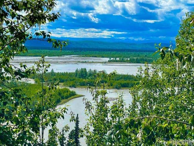 Scenic view of a Tanana river winding through a forest with a partly cloudy sky.