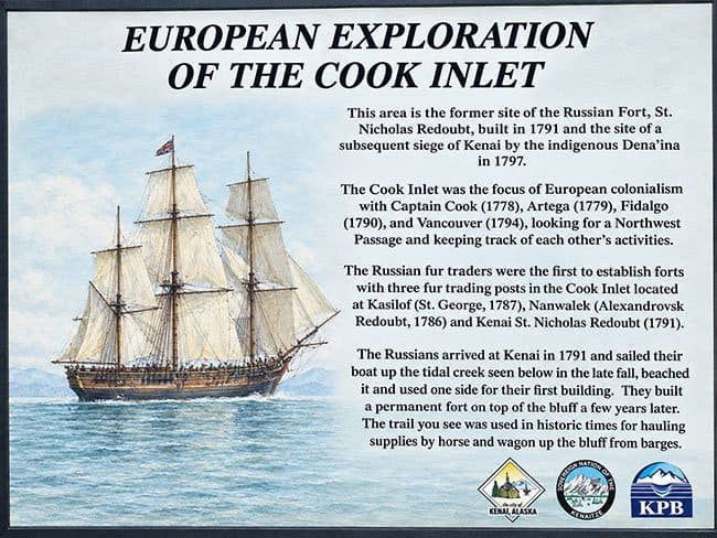 European Exploration of the Cook Inlet. The image depicts a historical ship and text explaining the establishment of trade routes and colonial activities in the region.