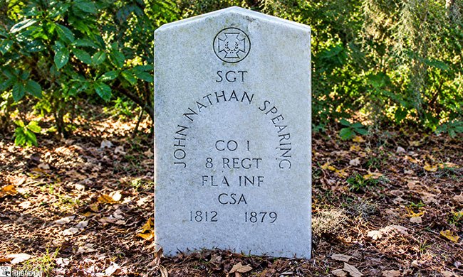 Grave of Civil War Veteran John Spearing at Timucuan Ecological Preserve, with a weathered headstone marking his service in the Civil War
