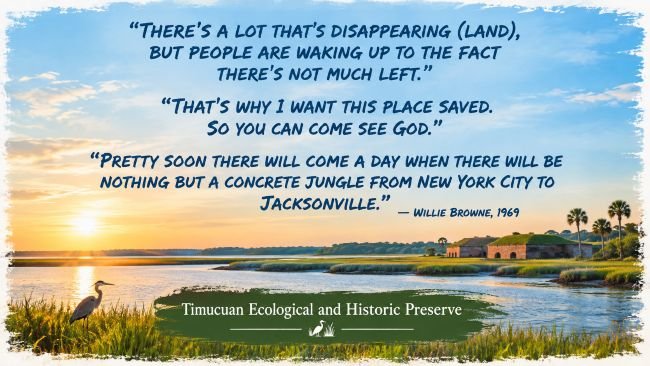 “There’s a lot that’s disappearing (land), but people are waking up to the fact there’s not much left.” “That’s why I want this place saved. So you can come see God.” “Pretty soon there will come a day when there will be nothing but a concrete jungle from New York City to Jacksonville.” — Willie Browne, 1969."