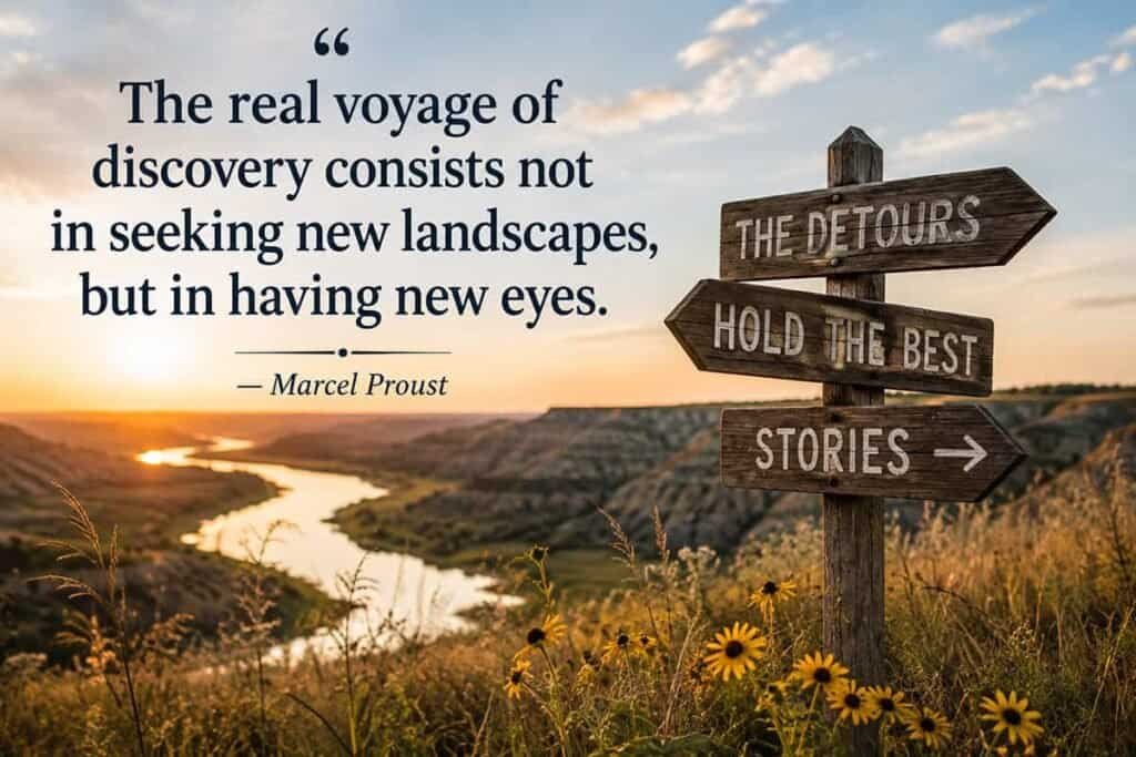 A sunset landscape featuring a winding river and rolling hills, with a wooden signpost labeled “THE DETOURS,” “HOLD THE BEST,” and “STORIES.” Bright yellow sunflowers and grasses are in the foreground.

Transcribed Text:
"The real voyage of discovery consists not in seeking new landscapes, but in having new eyes."
— Marcel Proust