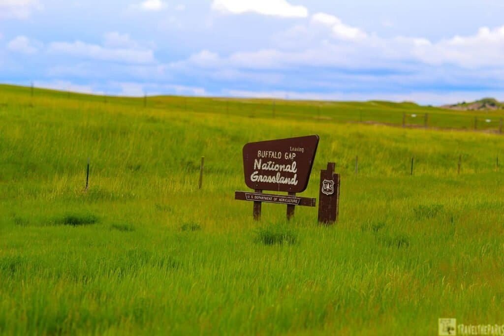 Wooden sign for Buffalo Gap National Grassland with green grass and hills in the background.

