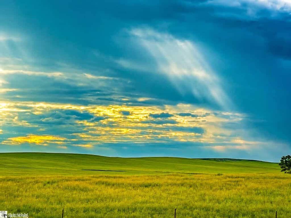 A sprawling green field under a blue sky with scattered clouds and a golden hue near the horizon.

