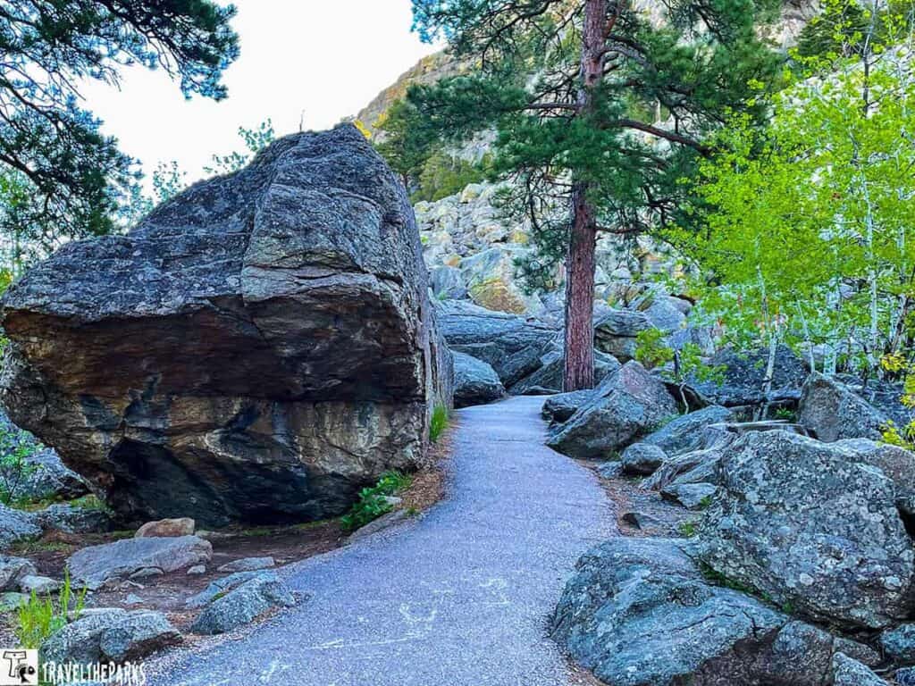 Paved trail at Devils Tower National Monument surrounded by large rocks and trees.