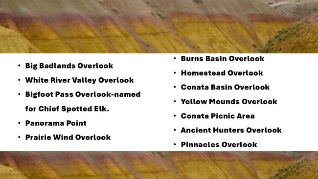 List of overlooks at Badlands National Park against a scenic geological background.