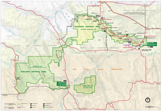 Map of Badlands National Park highlighting entrances, roads, overlooks, and landmarks.