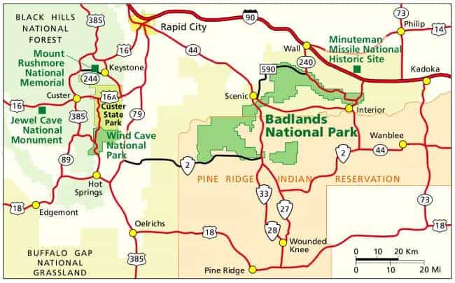 Map of Badlands National Park region in South Dakota with surrounding roads and points of interest highlighted.