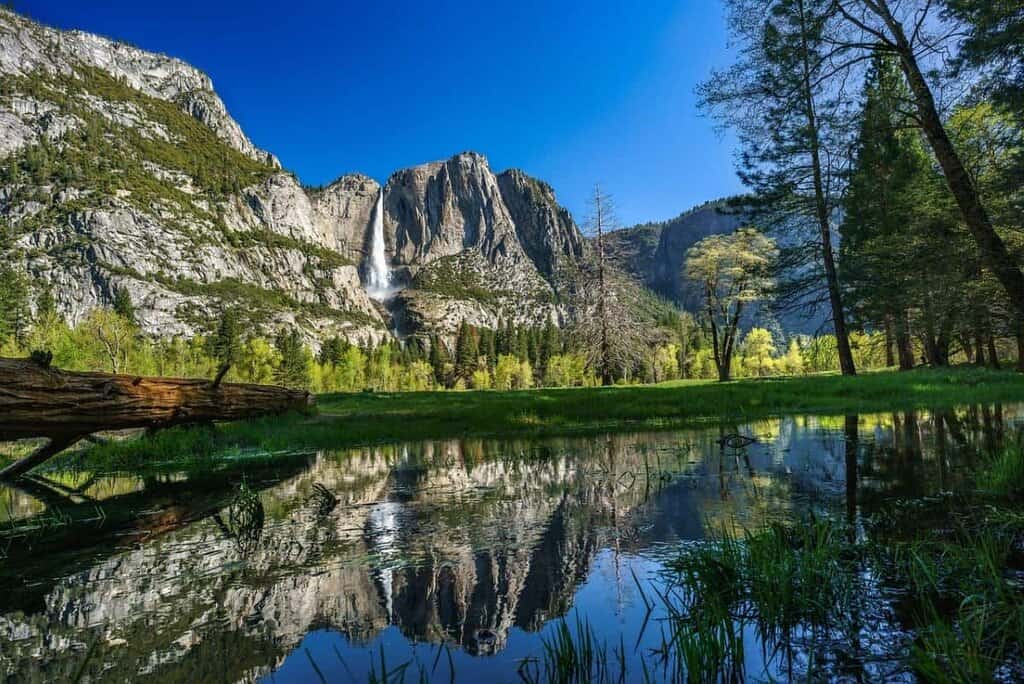 A peaceful landscape in Yosemite surrounded by trees and granite mountains. Amazing National Park You Must Visit When RV’ing.