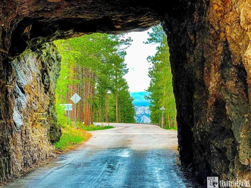 View from inside a rocky tunnel looking out at a tree-lined road.. Perspective of Mt Rushmore through the Scovel Johnson Tunnel