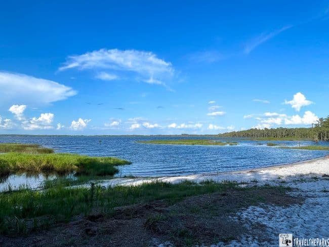 Lake Louisa Beach Swimming Area: Lake Louisa with sandy shoreline, blue water, grassy patches, and a clear sky with clouds.