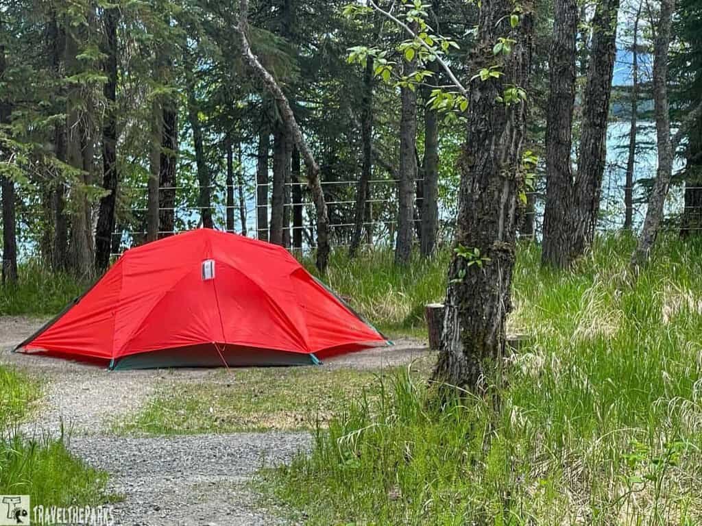 Tent Campsite at Brooks Lodge: a red tent in a treed meadow