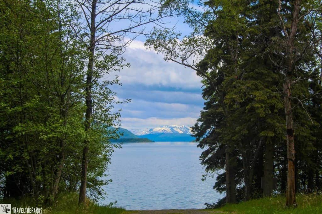 Window to Lake Naknek Lake at Brooks Falls: A path leads to a lake surrounded by trees, with snow-capped mountains in the distance.