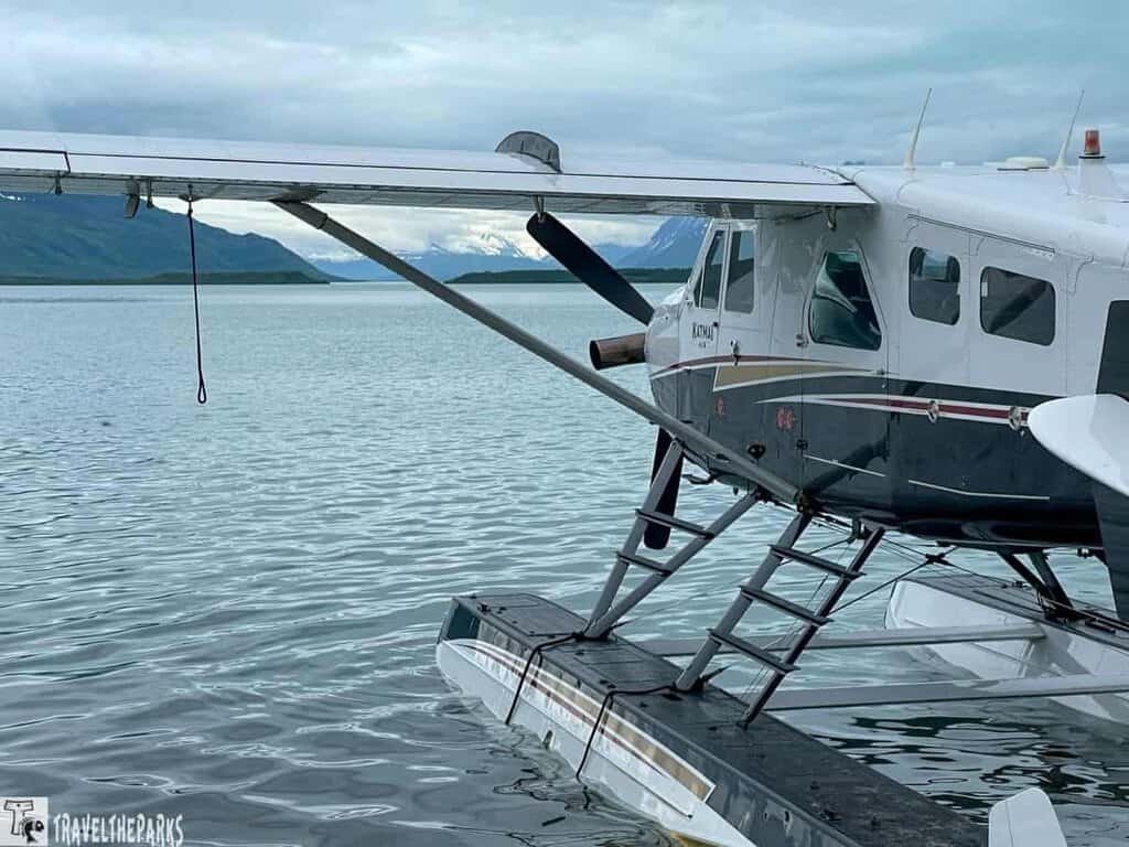 Katmai Air Turbo Otter sits on the lake at Naknek Lake.