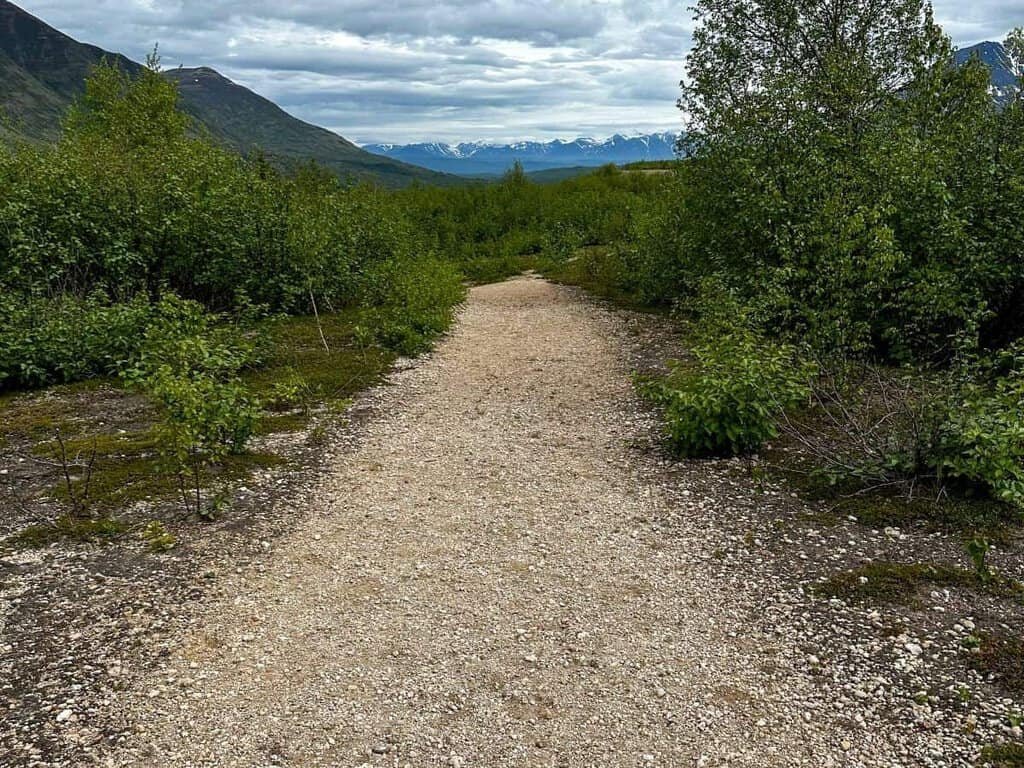 Ukak Trail Valley of Ten Thousand Smokes: Gravel trail surrounded by green vegetation, leading towards snow-capped mountains under a cloudy sky.