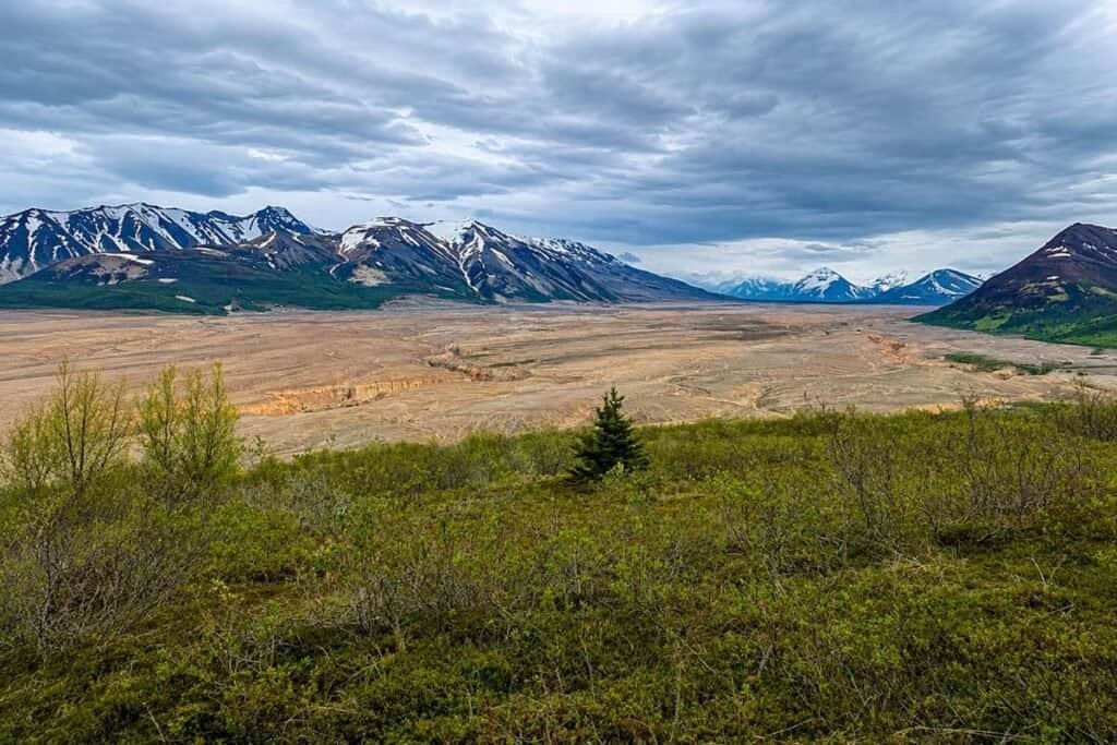 View from the Visitor Center of the Valley of 10,000 Smokes: A landscape with snowy mountains, a reddish-brown plain, and green vegetation under an overcast sky.