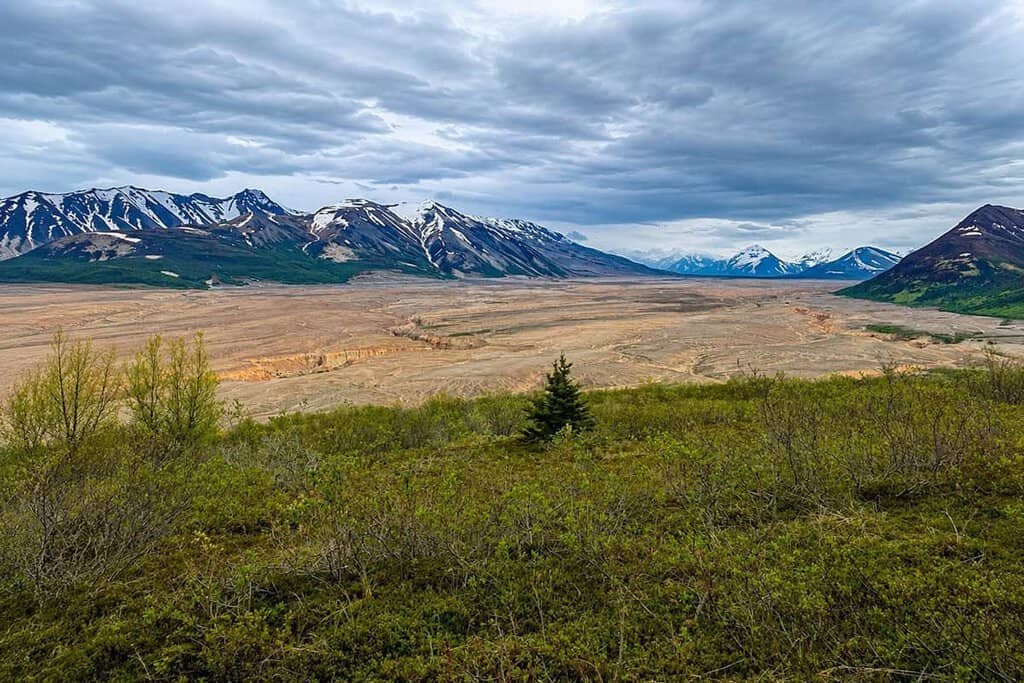 View from the Visitor Center of the Valley of 10,000 Smokes: A landscape with snowy mountains, a reddish-brown plain, and green vegetation under an overcast sky.
