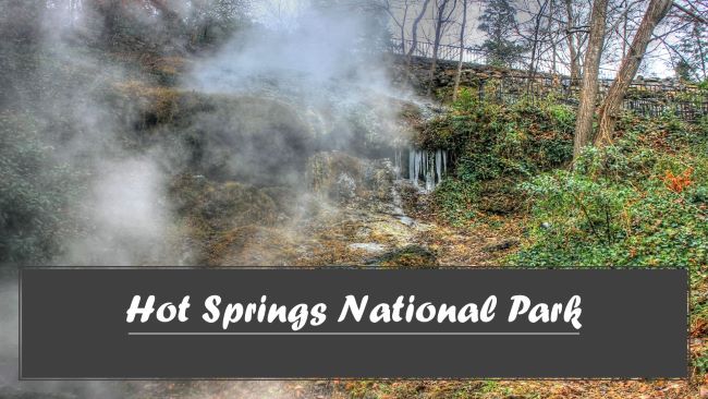 A misty natural scene with steam rising and a dark gray banner that says 