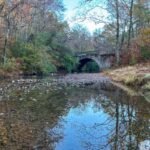 Gulpha Gorge Creek with an arched stone bridge, surrounded by autumn trees.