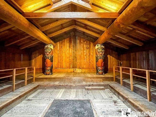 On our inside passage cruise Clan House visit: Inside, the intricately carved house posts tell the tales of Duk-toothl's heroic & mischievous deeds.