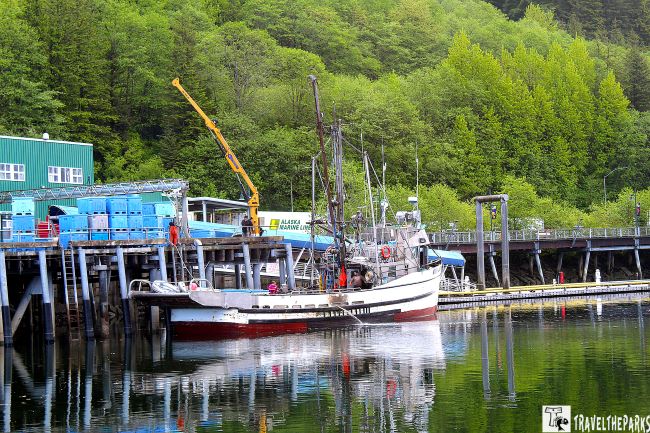 A fishing boat docked at a harbor with a green forest backdrop.
