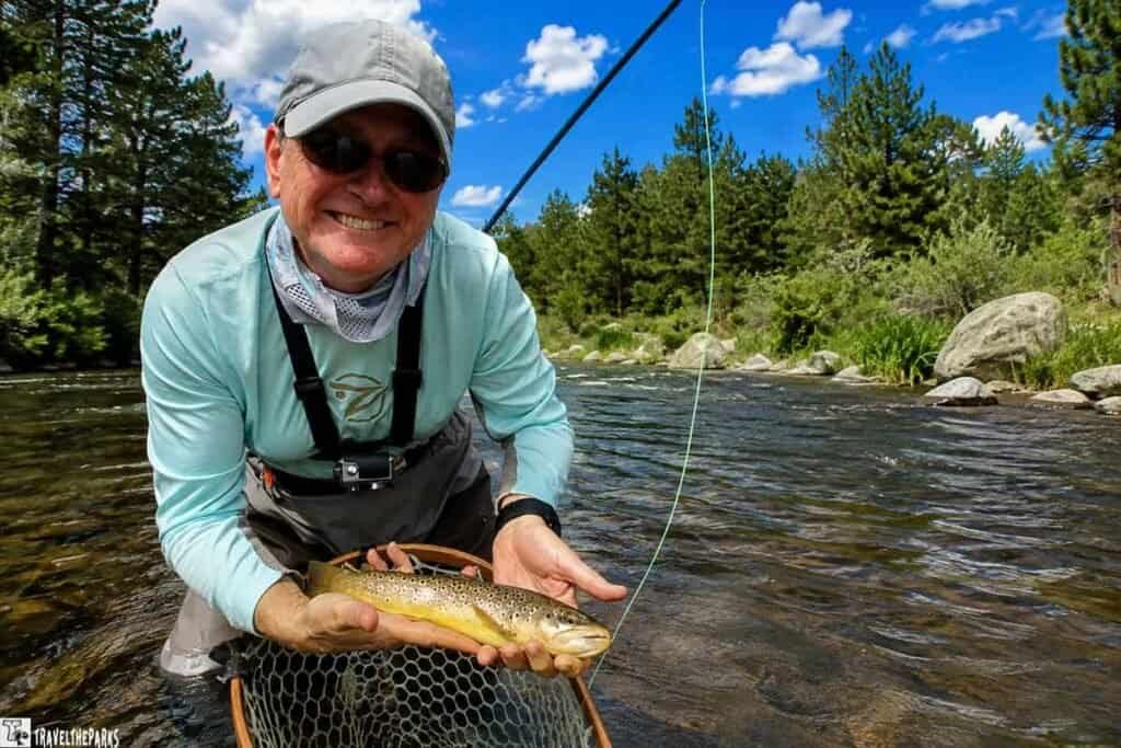 A smiling woman in a light blue shirt and gray cap holds a brown trout while standing in a river, surrounded by green trees and blue sky.

