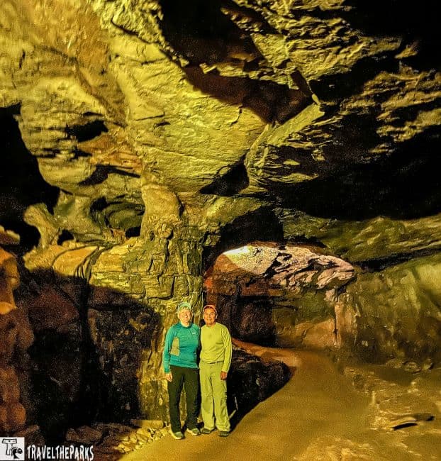 two people standing on Black Snake Avenue on the Mammoth Cave Historic Tour